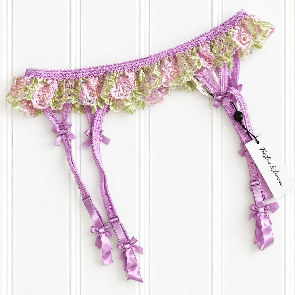 For Love & Lemons Garter Belt Womens Floral Embroidered Lace Purple NWT